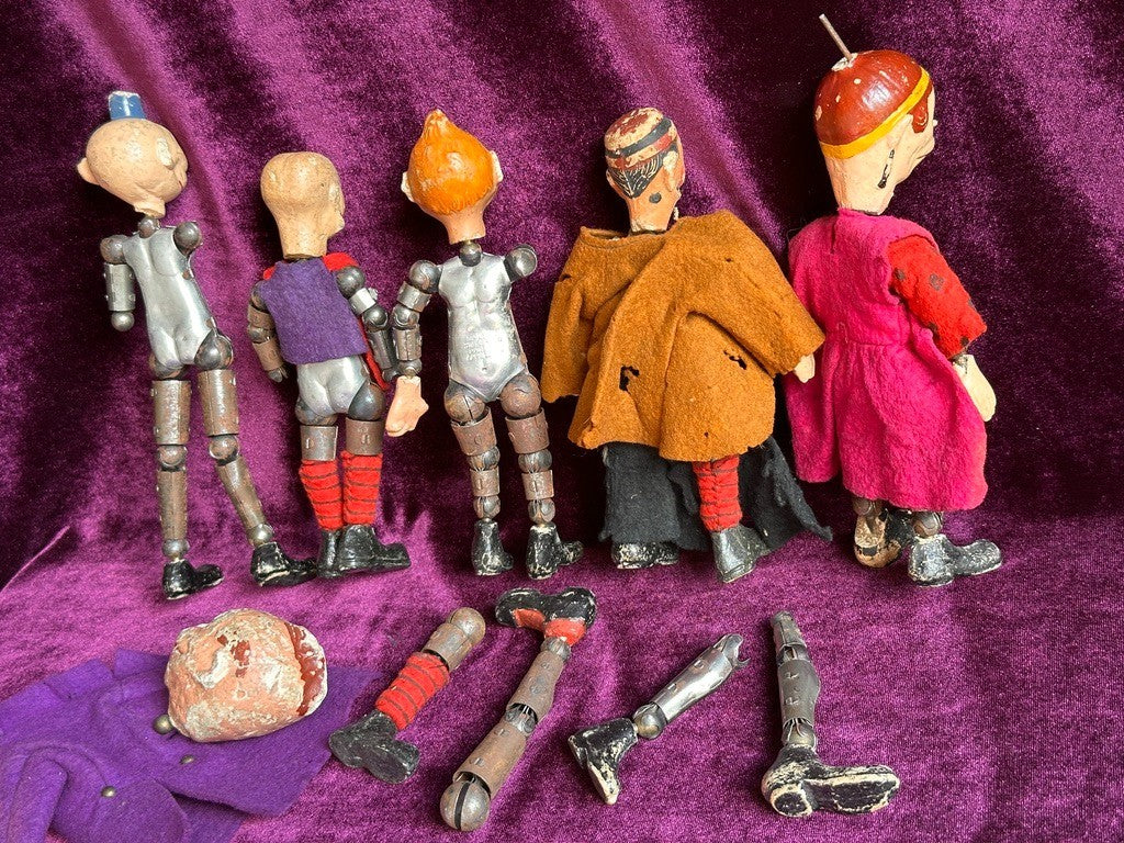 Large Lot of Antique Saba Bucherer Swiss Metal Jointed Character Dolls and Parts