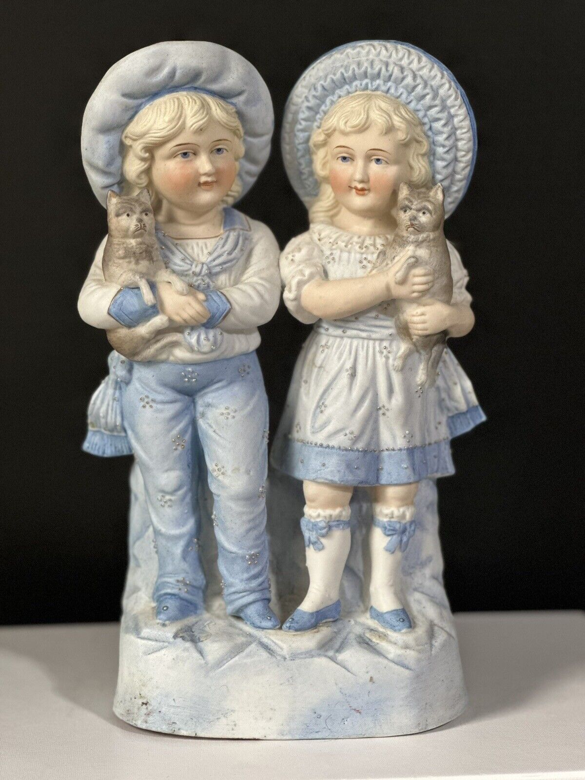 Antique Bisque Large 11” Figurine Boy and Girl In Blue Holding Cats Numbered 15