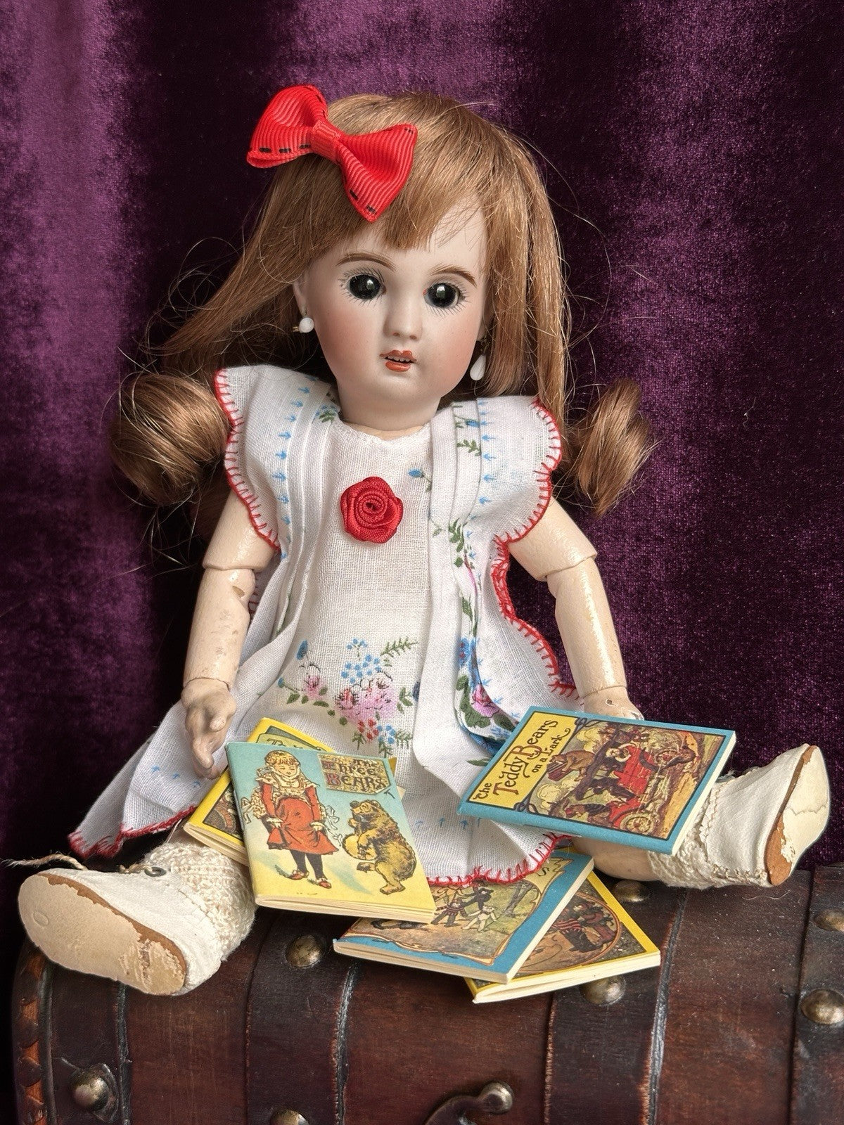 Antique French 10” Bleuette SFBJ France Bisque Head Doll with Extras