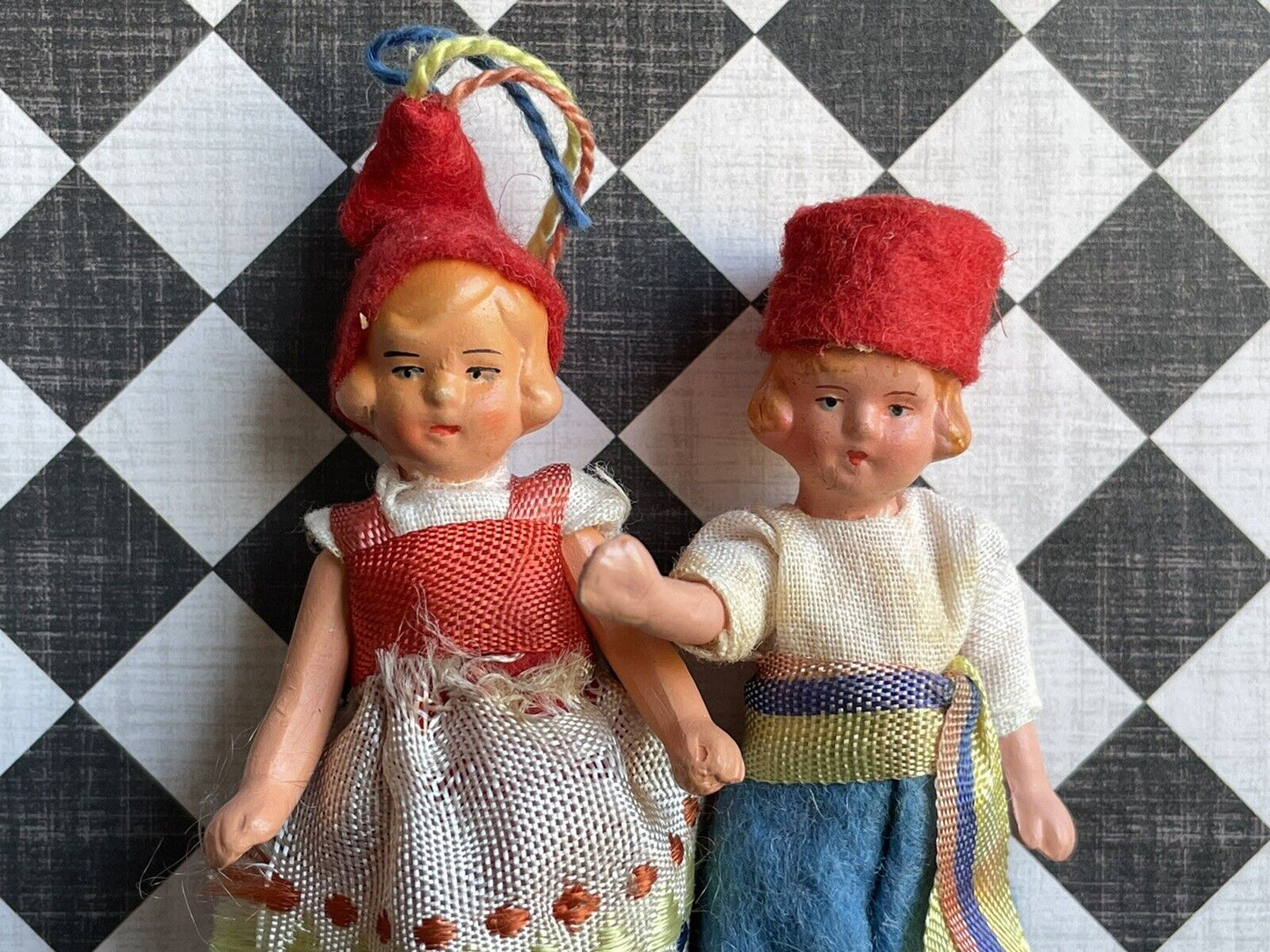 Pair of Antique German Hertwig All Bisque Miniature Dollhouse Boy and Girl Dolls