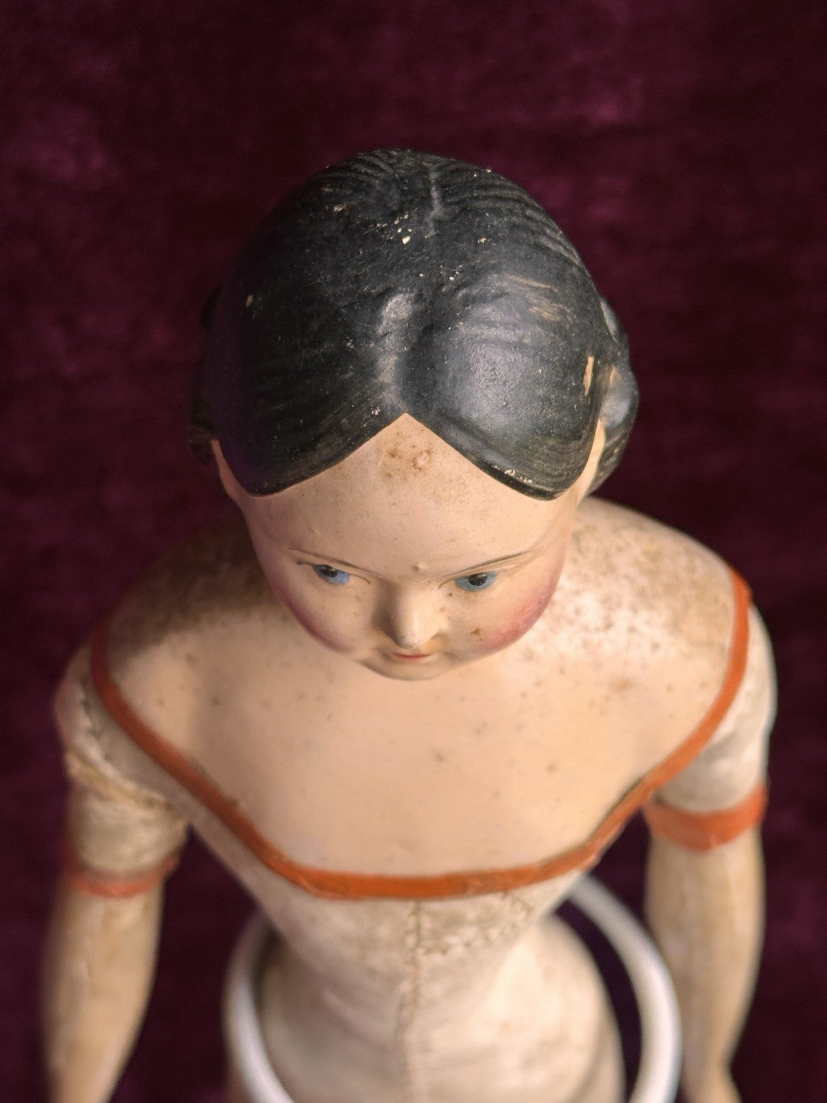 Large Antique German 15.5” Papier Mache Milliner’s Model Covered Wagon Doll