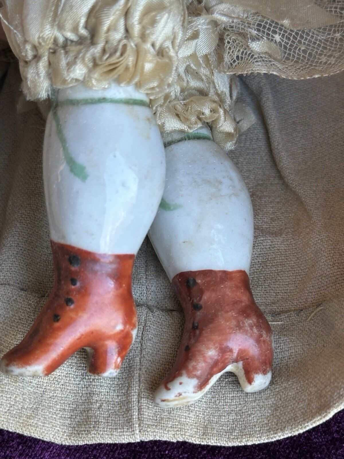 Antique German 12.5” China Shoulder Head Doll with Molded Bonnet