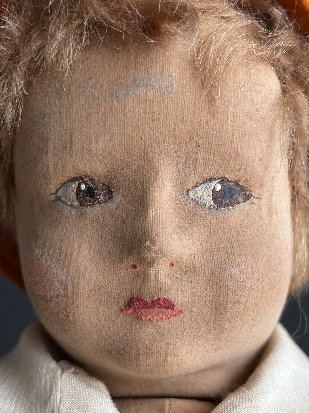 Antique English Early Cloth Chad Valley Boy Doll with Original Tag Felt Clothes