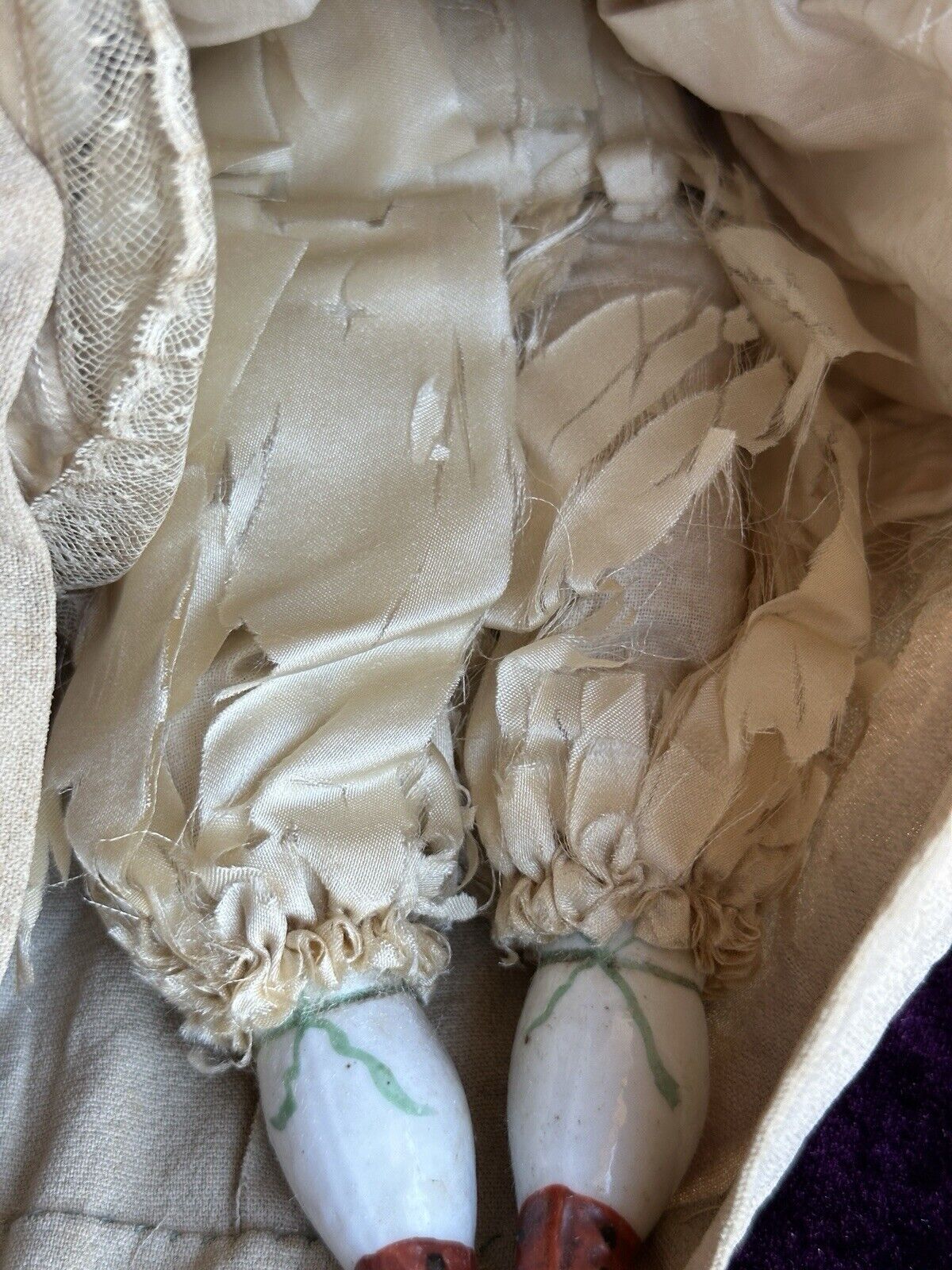 Antique German 12.5” China Shoulder Head Doll with Molded Bonnet
