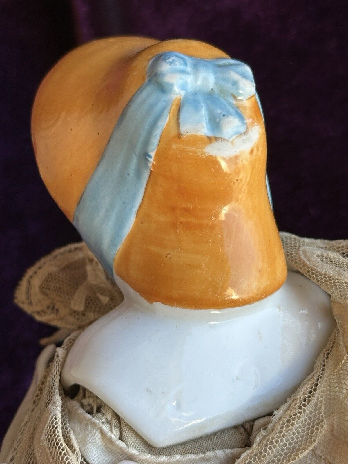 Antique German 12.5” China Shoulder Head Doll with Molded Bonnet