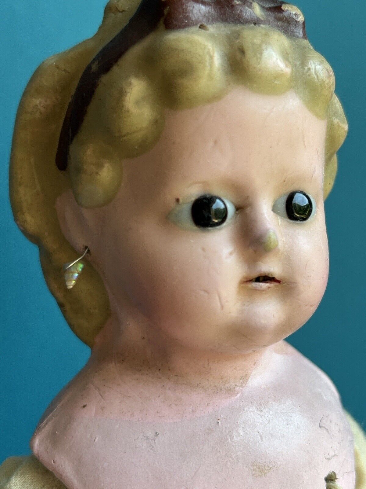 Antique German 13.5” Wax Over Papier Mache Pumpkin Head Pierced Ears Doll