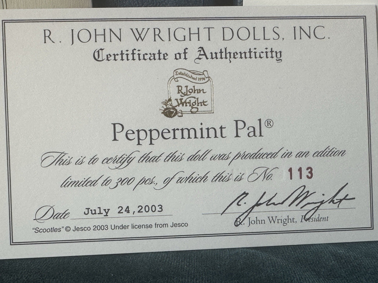 Lot Of 2 John R. Wright Peppermint Pal And Scootles 6” Felt Dolls LE 300