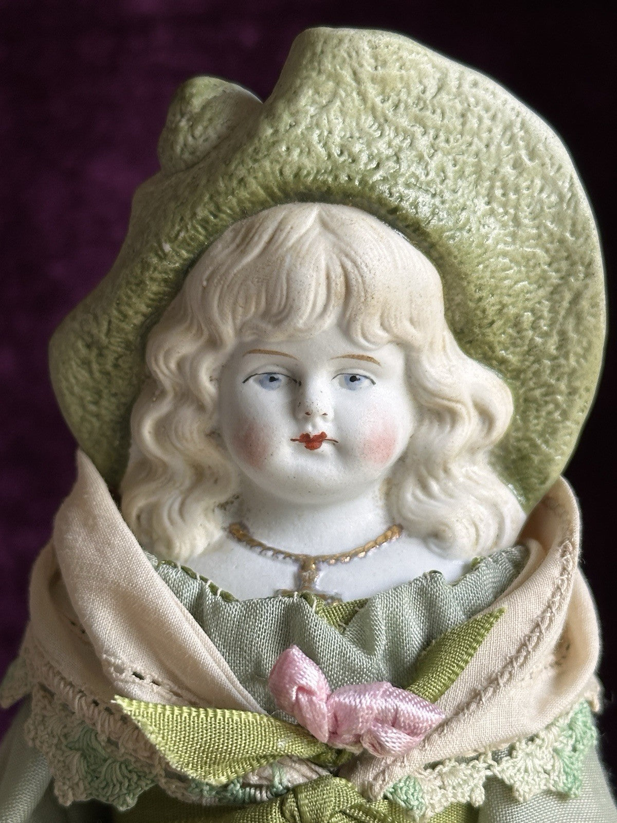 Antique German Hertwig 10.5” Molded Bonnet Parian China Bisque Head Doll