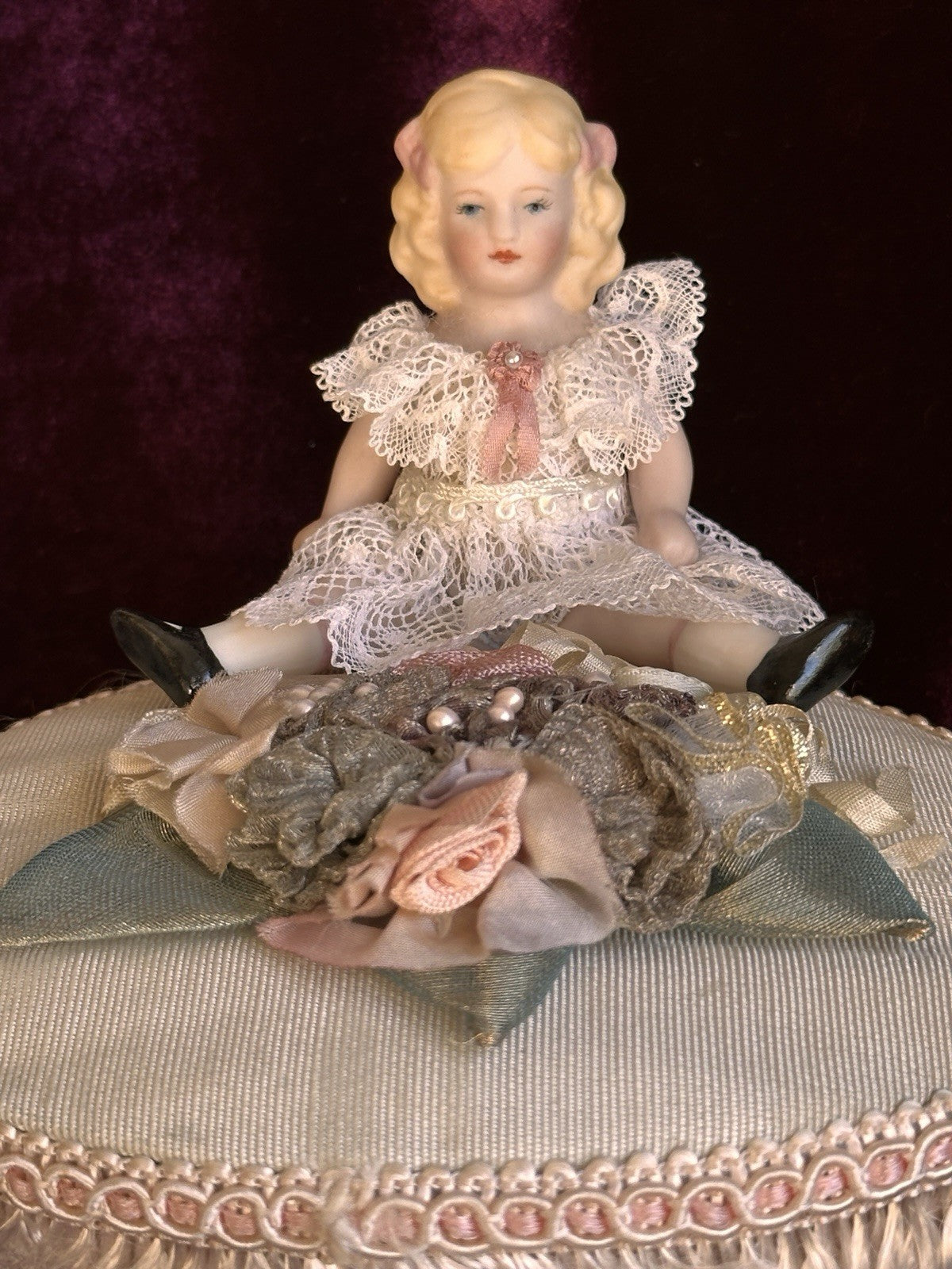 All Porcelain 3.75” Repro of Antique German Girl Doll in Presentation Box