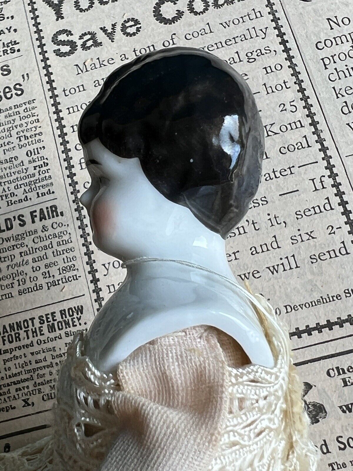 Antique German 9” Hertwig Miniature China Shoulder Head Doll