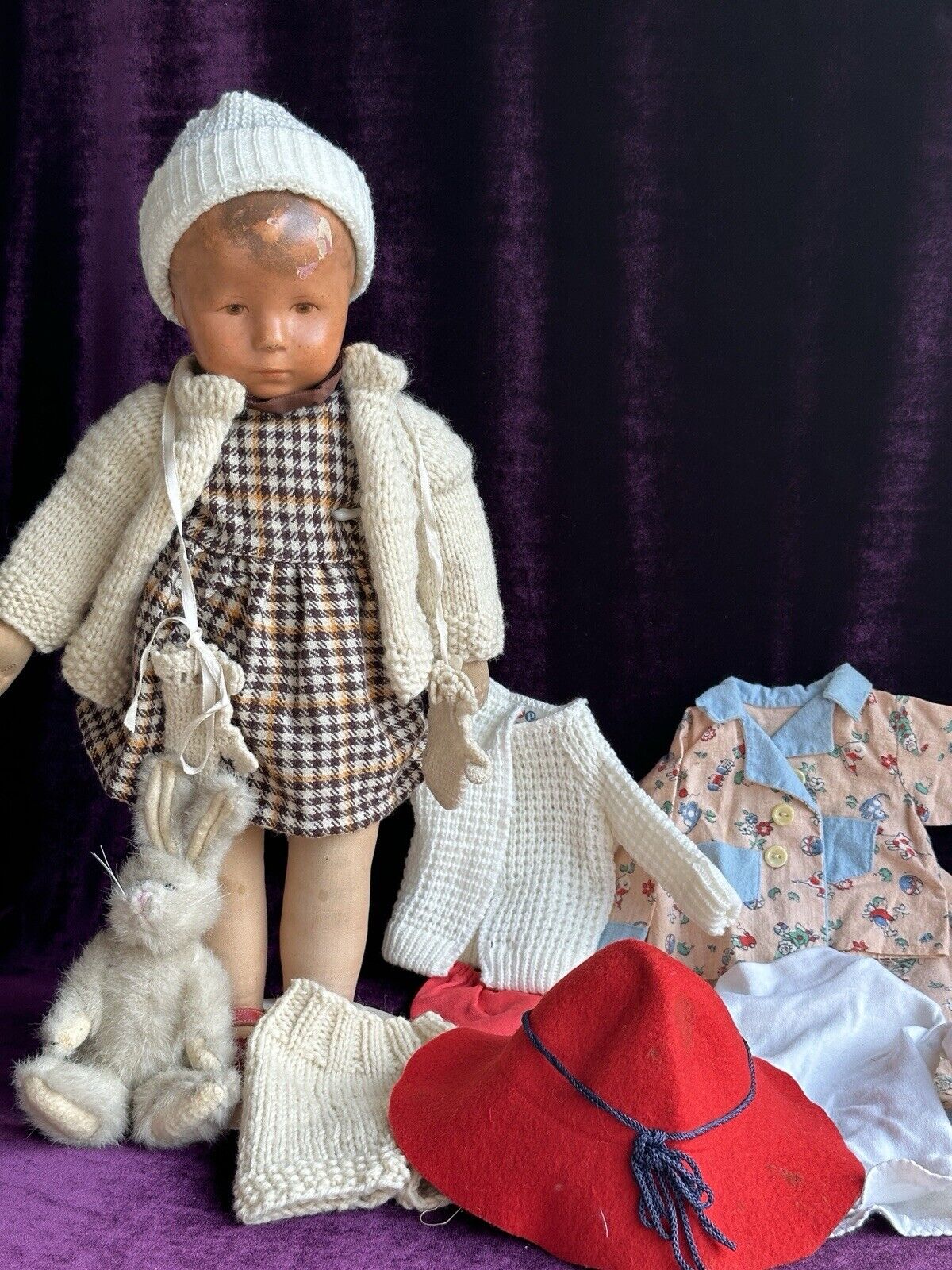 Antique German 18” Early Kathe Kruse Hampelchen Cloth Doll with Button + Extras