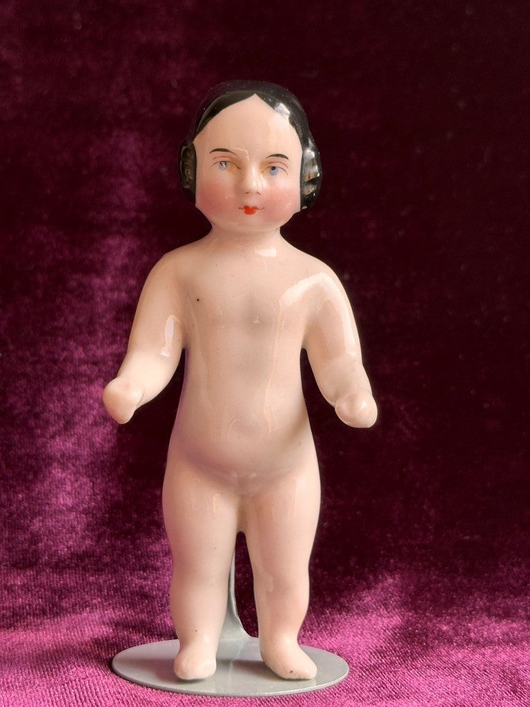 Antique German 4.25” Frozen Charlotte Pink Tint Covered Wagon China Doll