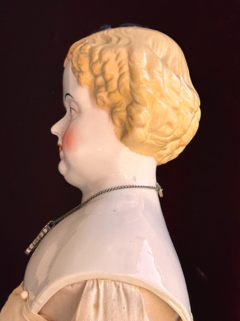Large Antique German 26” Flat Top Highbrow China Shoulder Head Blonde Doll