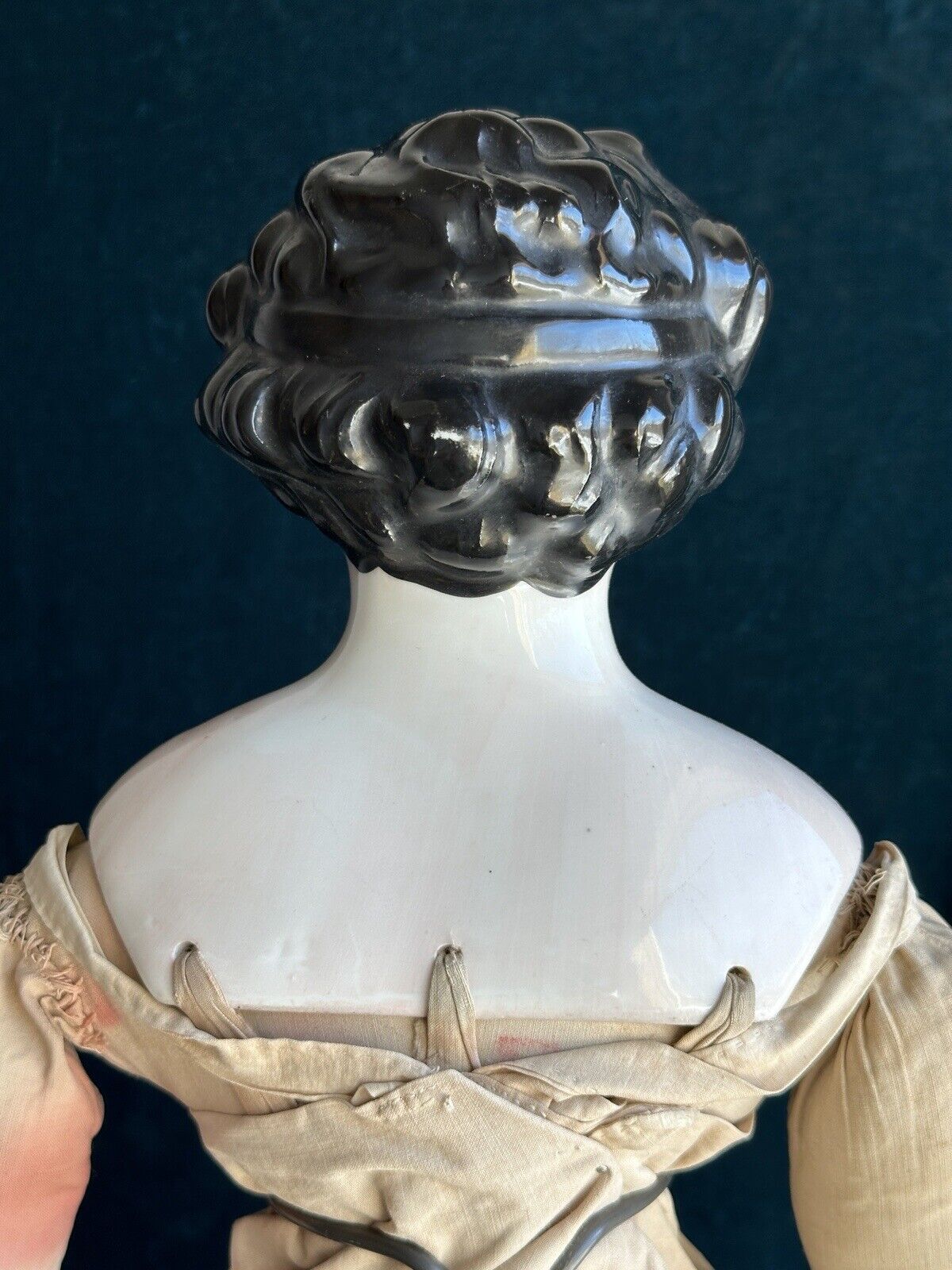 Antique German 26” Dolly Madison China Shoulder Head Doll with Molded Bow