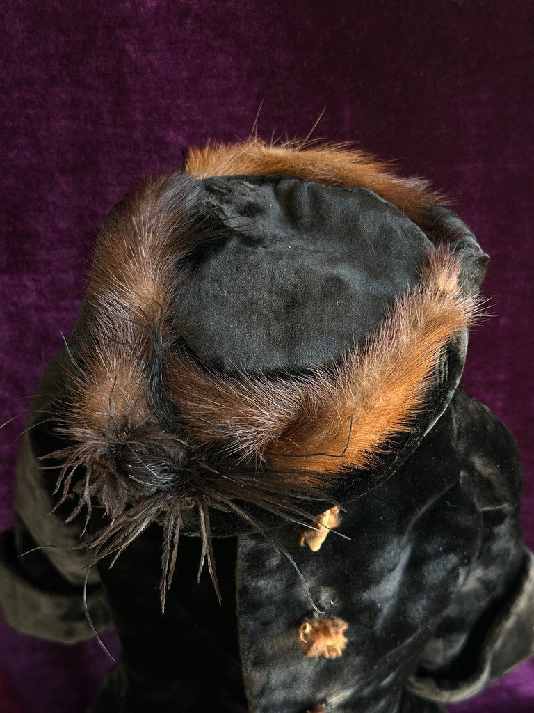 Antique French All Original Fur Child Coat + Hat for Large French Bisque Doll