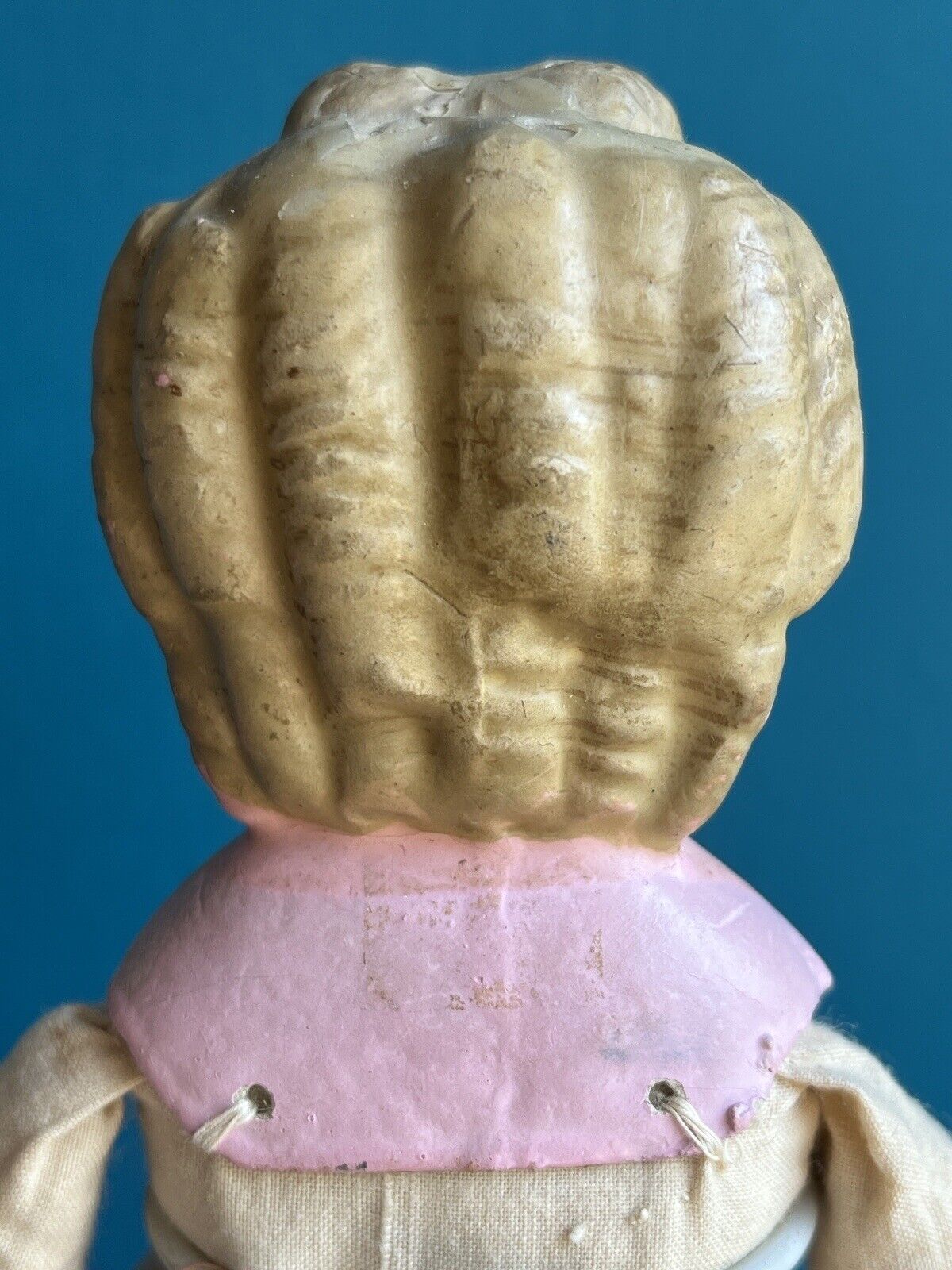 Antique German 13.5” Wax Over Papier Mache Pumpkin Head Pierced Ears Doll