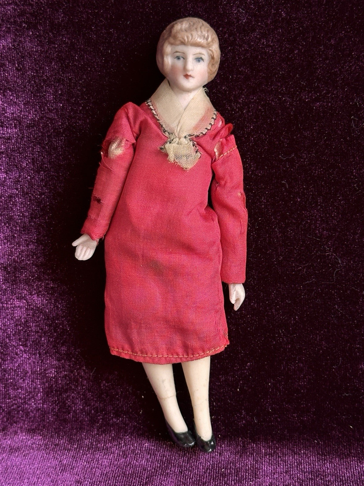 Antique German 5.25” Bisque Cloth Miniature Dollhouse Parian Female Doll