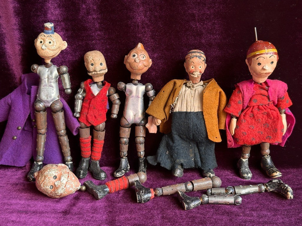 Large Lot of Antique Saba Bucherer Swiss Metal Jointed Character Dolls and Parts