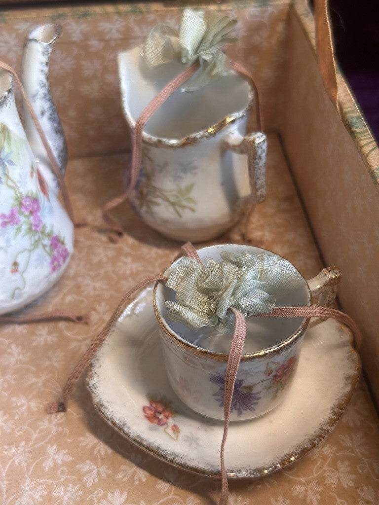 Antique All Original French Doll China Tea Service Set in Presentation Box