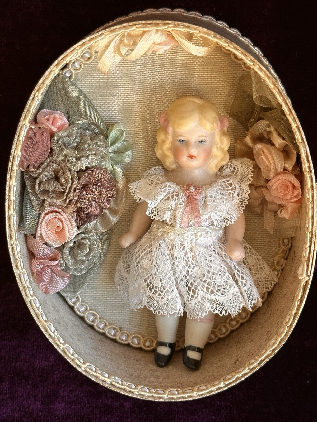 All Porcelain 3.75” Repro of Antique German Girl Doll in Presentation Box