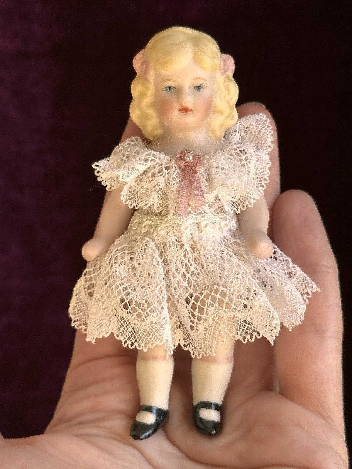 All Porcelain 3.75” Repro of Antique German Girl Doll in Presentation Box