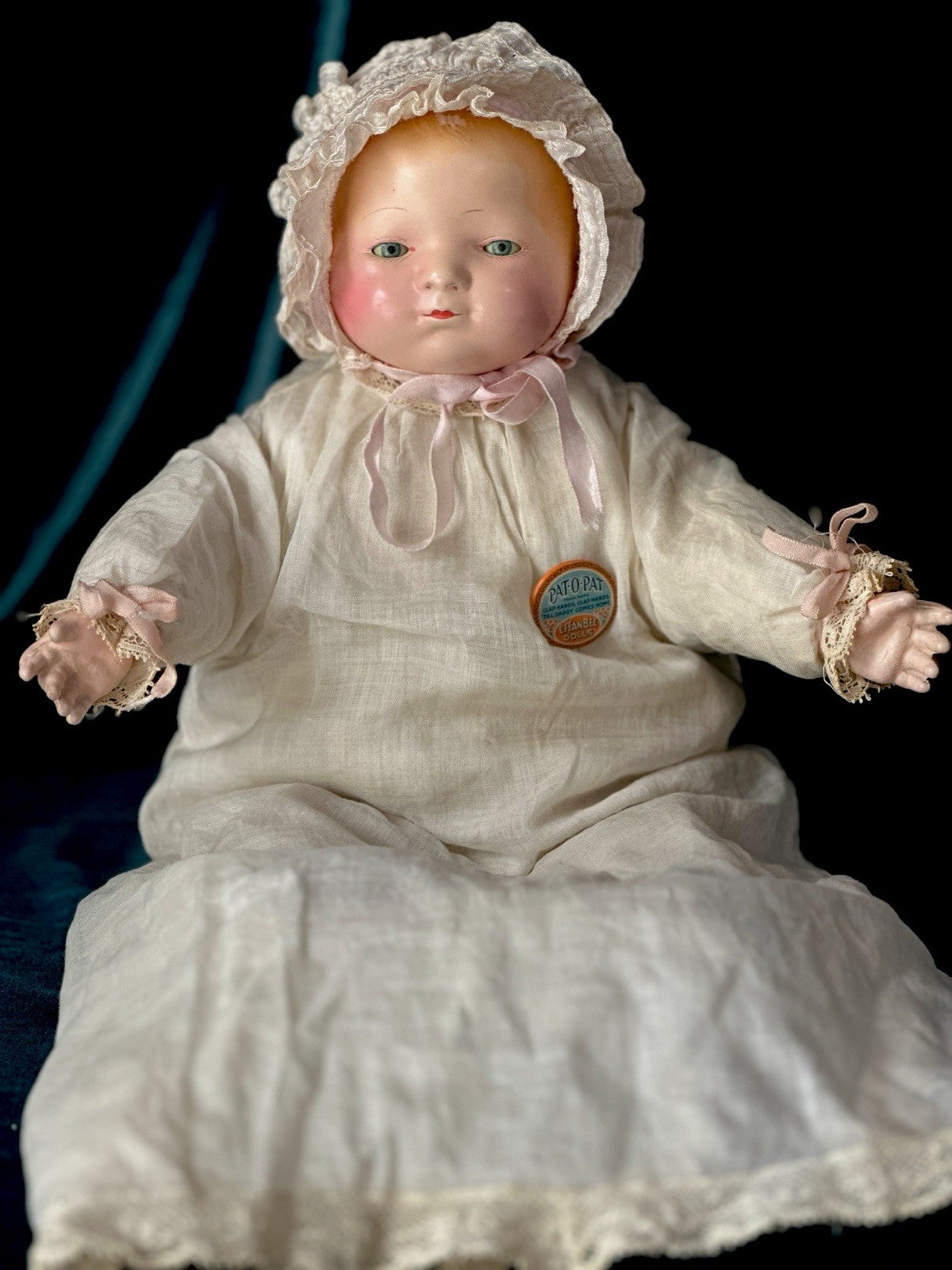 Rare Antique 1920’s Effanbee Composition 14” Doll Pat-O-Pat Tagged Outfit & Pin