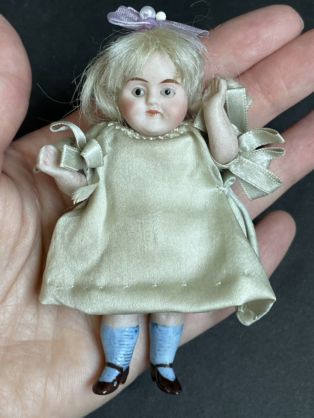 Antique German 3.5” Miniature All Bisque Mignonette Dollhouse Doll