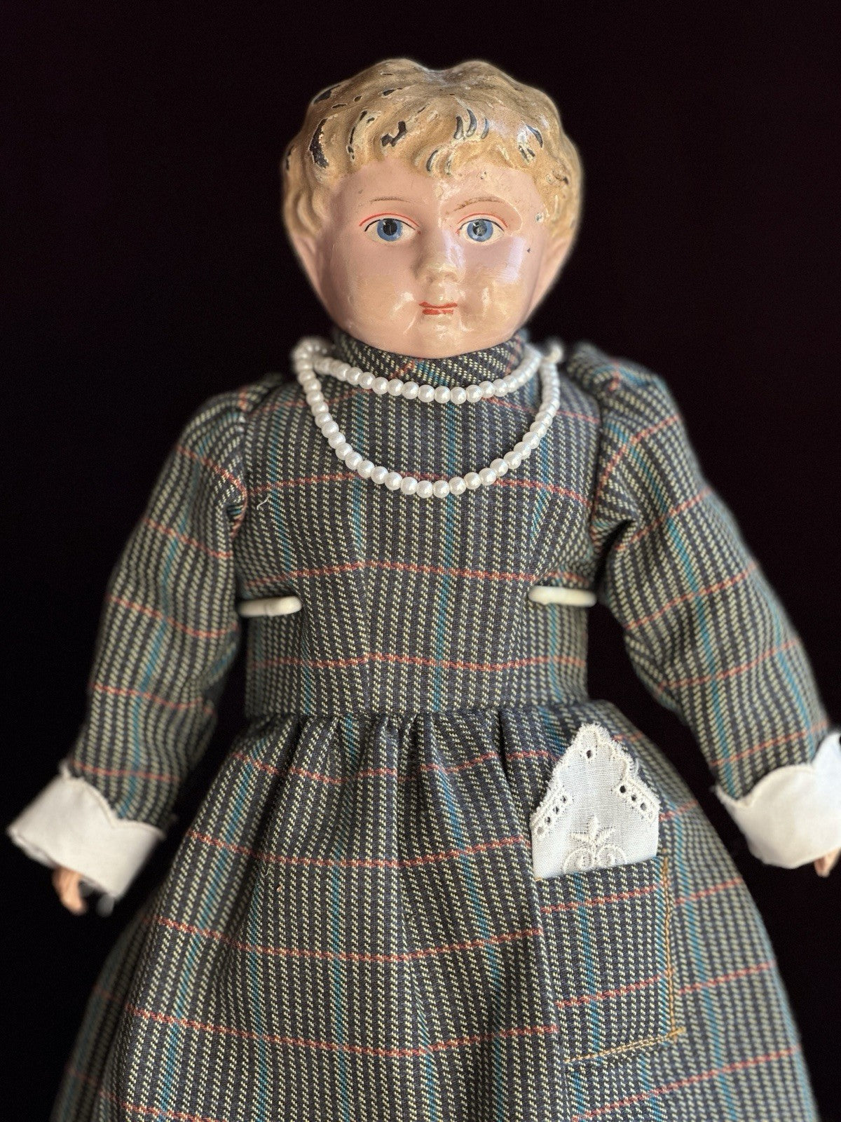 Antique German 16” Minerva Metal Tin Head Doll