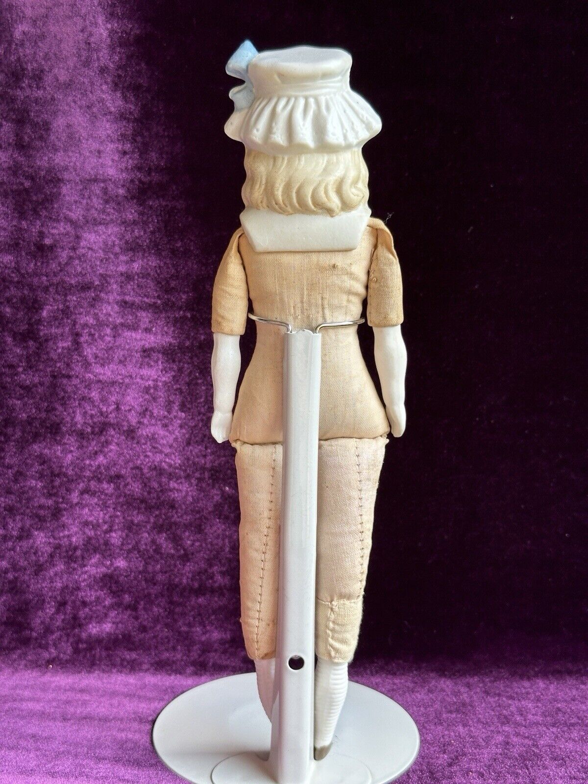 Antique German 11.5” Hertwig Molded Bonnet Bisque Head Parian Doll