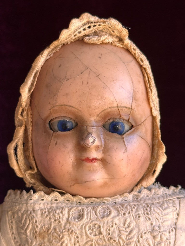 Antique 13.5” Motschmann Type Taufling Body Wax Over Papier Mache Bebe Doll
