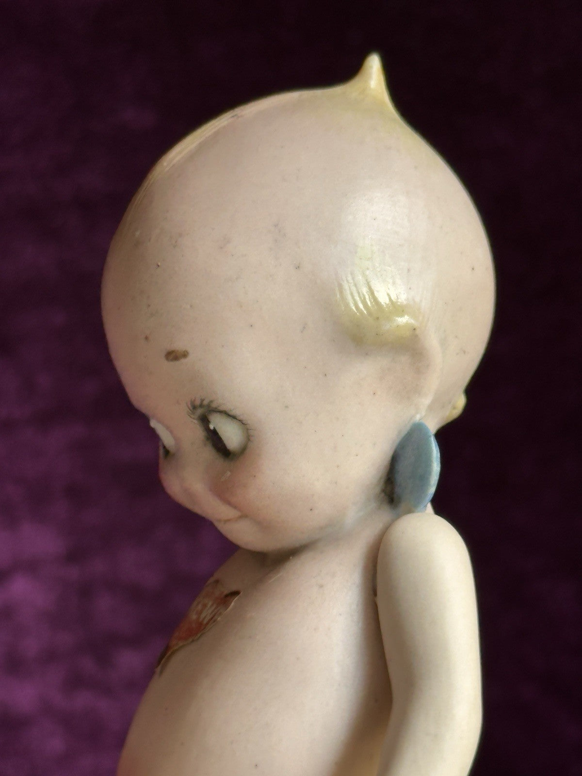 Antique All-Bisque 5.25” Kewpie Doll – Signed O’Neill, Blue Wings, Heart Label