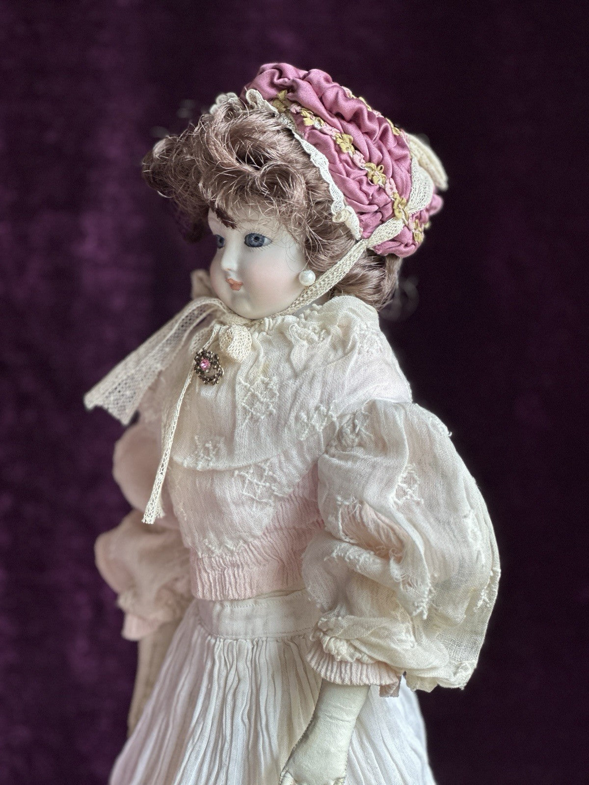 Vintage Porcelain 16” Reproduction Of Antique French Fashion Doll Leather Body