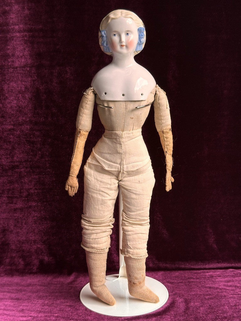 Rare Antique German 17.5” Molded Snood Blue Bows China Shoulder Head Doll