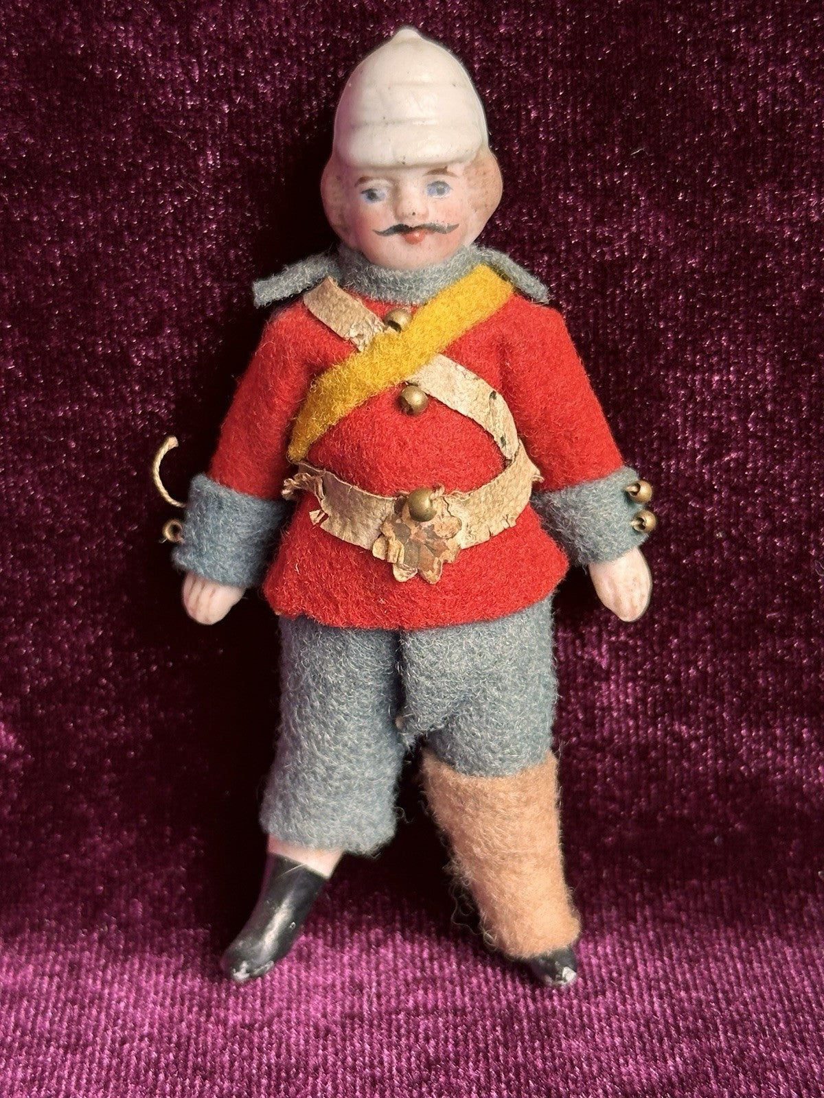 Antique German Kestner Bisque 2.75” Soldier Molded Hat Dollhouse Soldier Doll