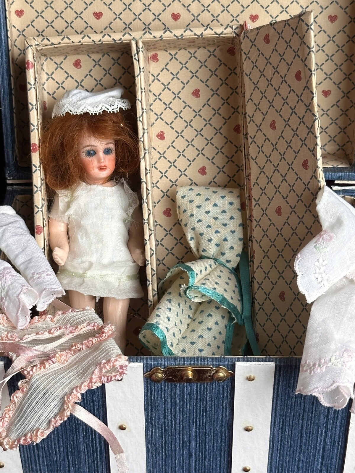 Miniature 4.5” Reproduction of French Bleuette Dollhouse Doll in Trunk + Extra