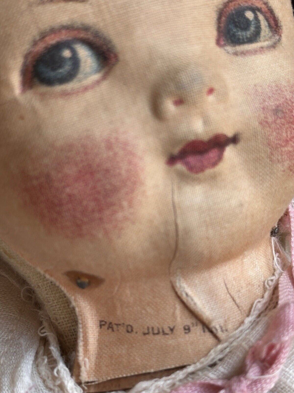 Antique American 12” Bruckner Lithograph Hard Mask Cloth Rag Doll