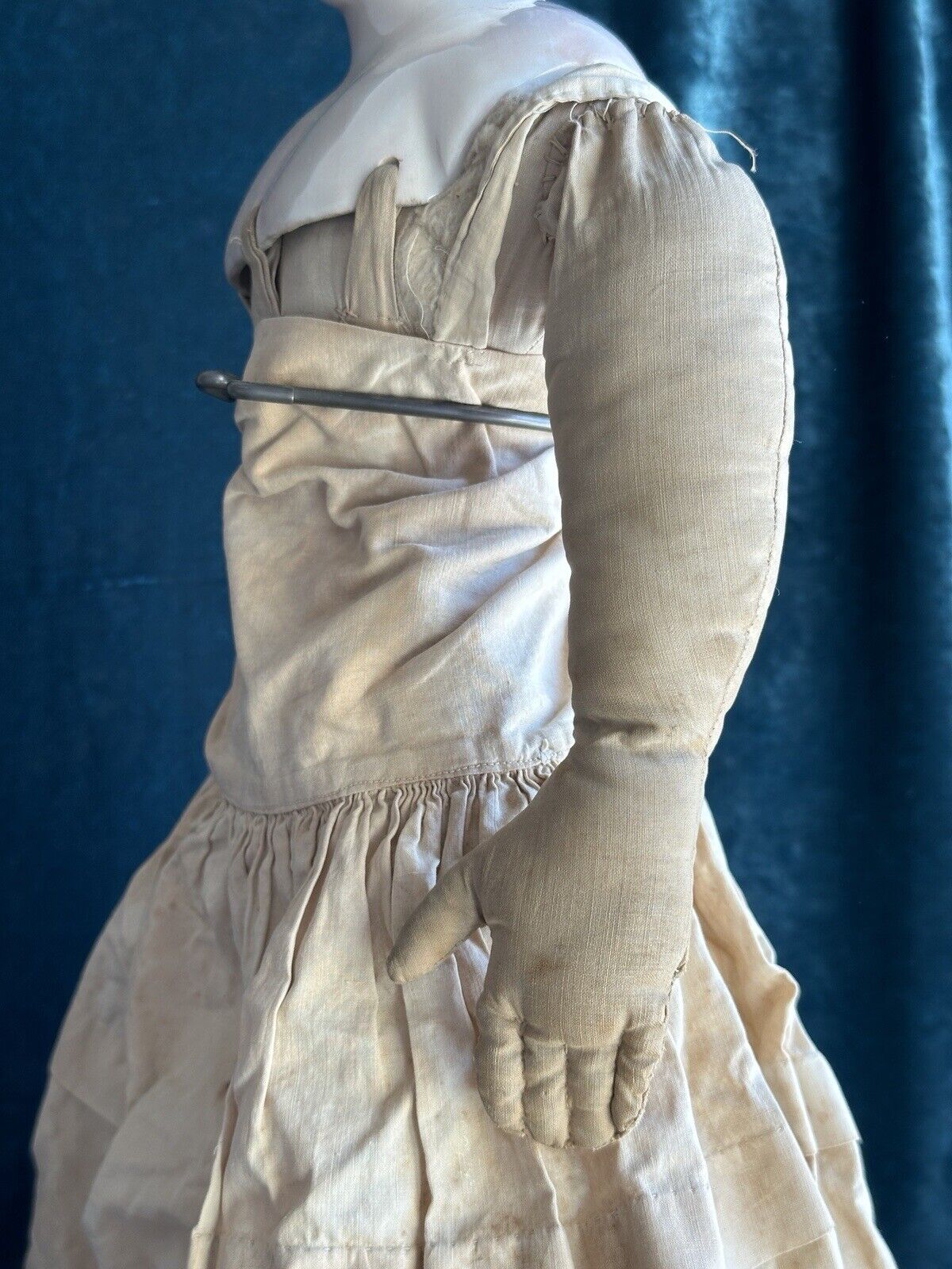 Antique German 26” Dolly Madison China Shoulder Head Doll with Molded Bow