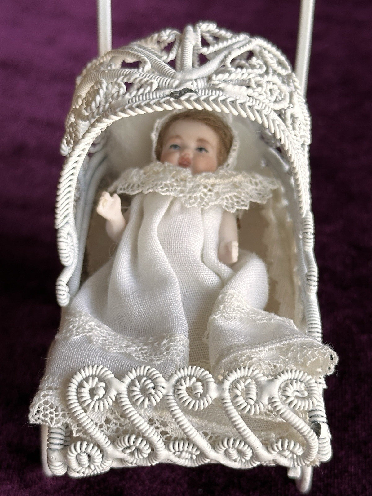 All Porcelain Signed Miniature Hilda (?) Dollhouse Baby Doll in Metal Buggy