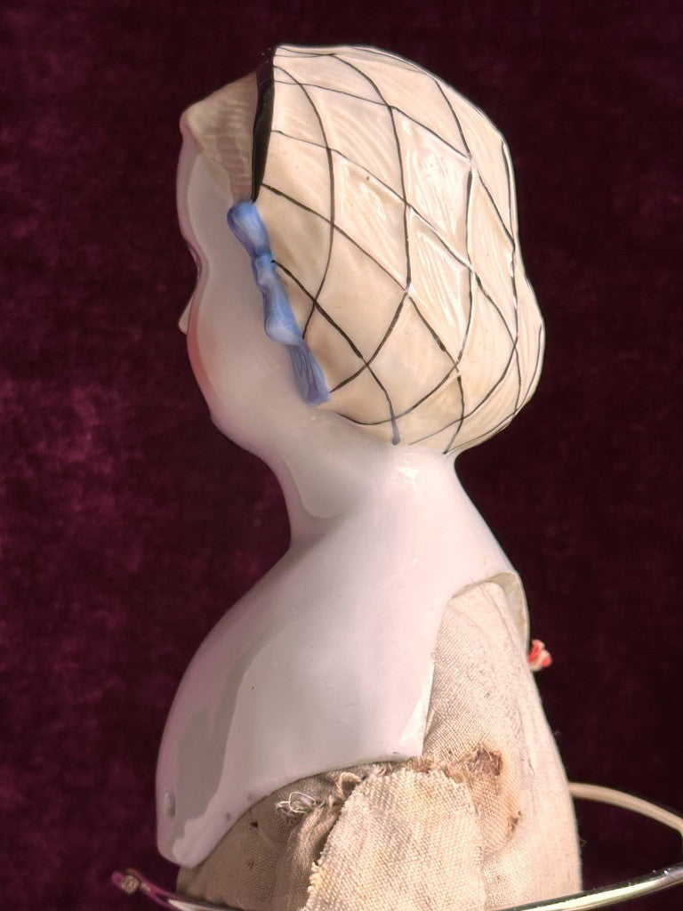 Rare Antique German 17.5” Molded Snood Blue Bows China Shoulder Head Doll