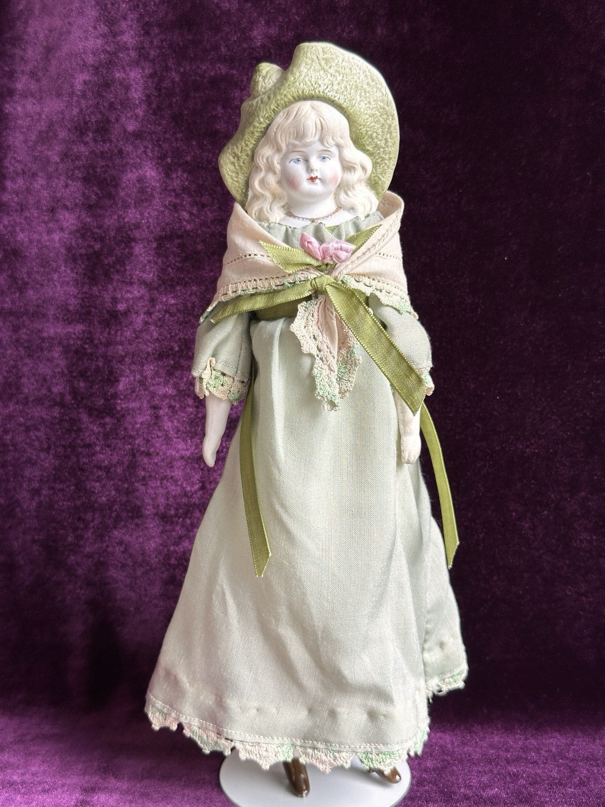 Antique German Hertwig 10.5” Molded Bonnet Parian China Bisque Head Doll