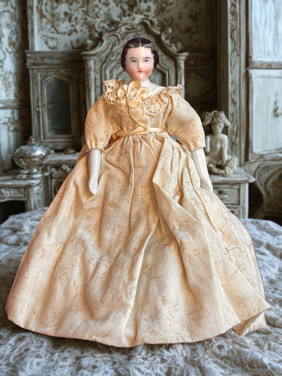 Antique German 4.5” Flat Top Bisque Cloth Miniature Dollhouse China Doll