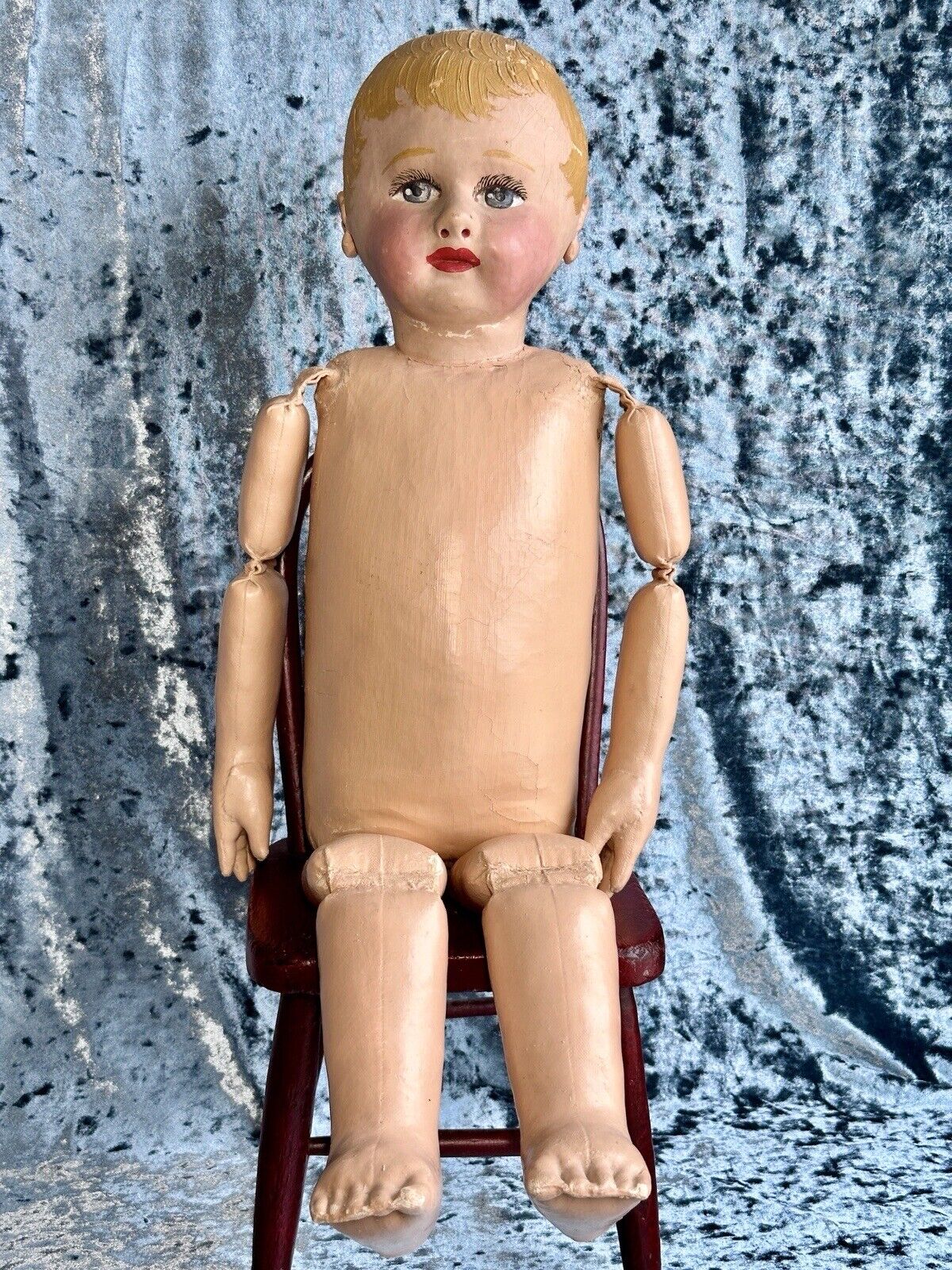 Large Antique American 25” Martha Chase Stockinette Oil Painted Baby Doll