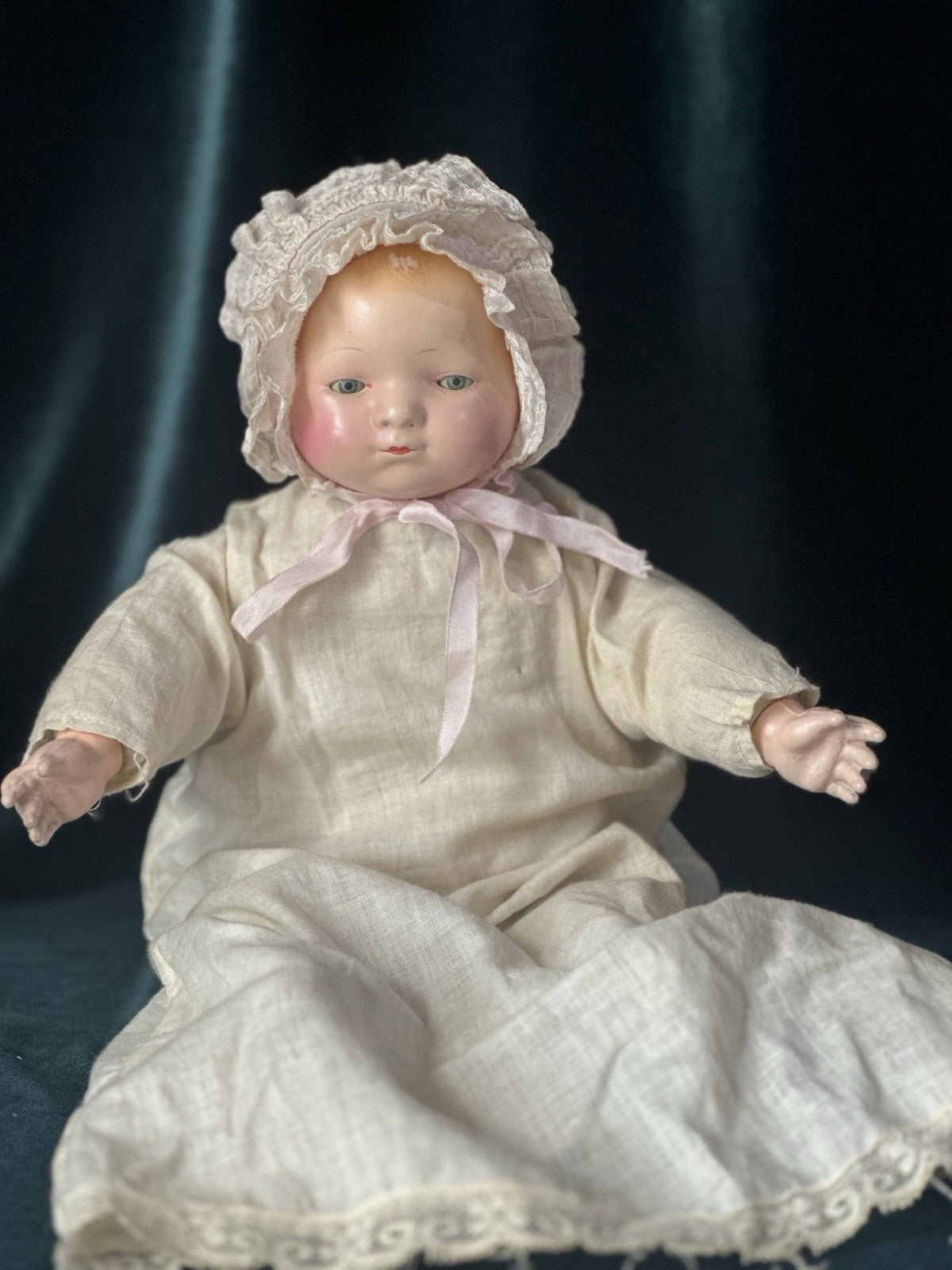 Rare Antique 1920’s Effanbee Composition 14” Doll Pat-O-Pat Tagged Outfit & Pin