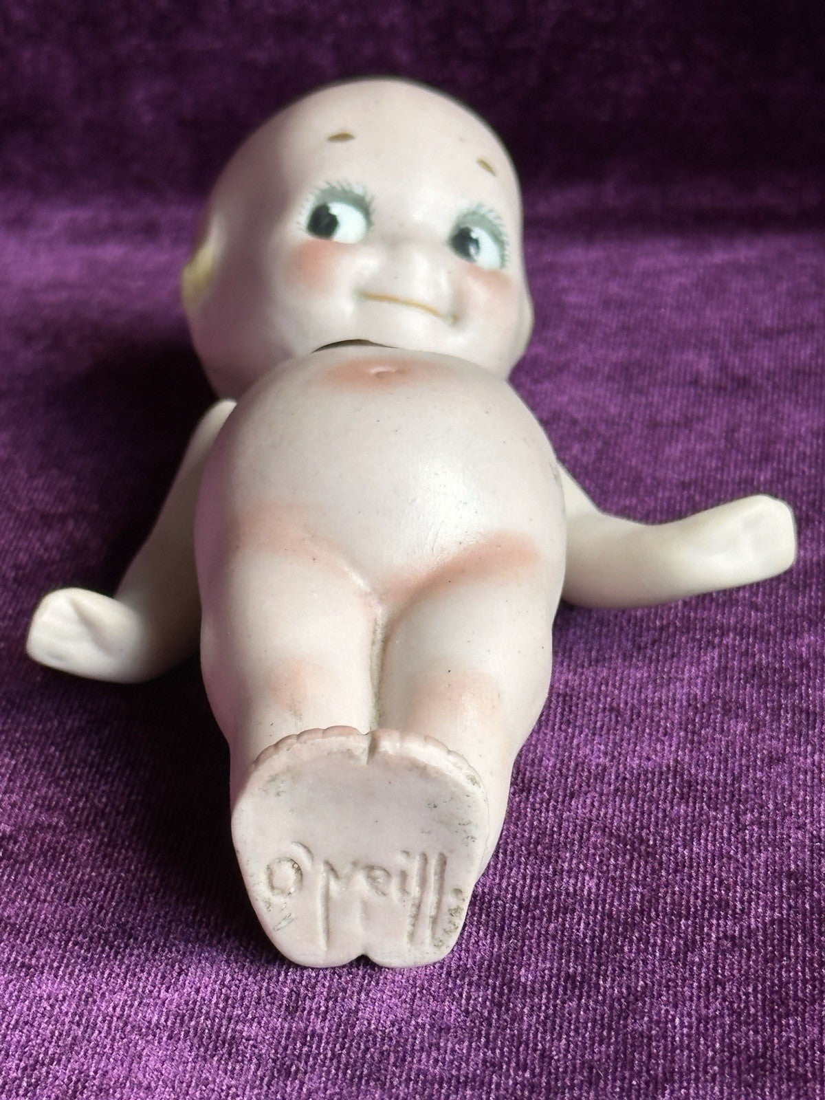 Antique All-Bisque 5.25” Kewpie Doll – Signed O’Neill, Blue Wings, Heart Label