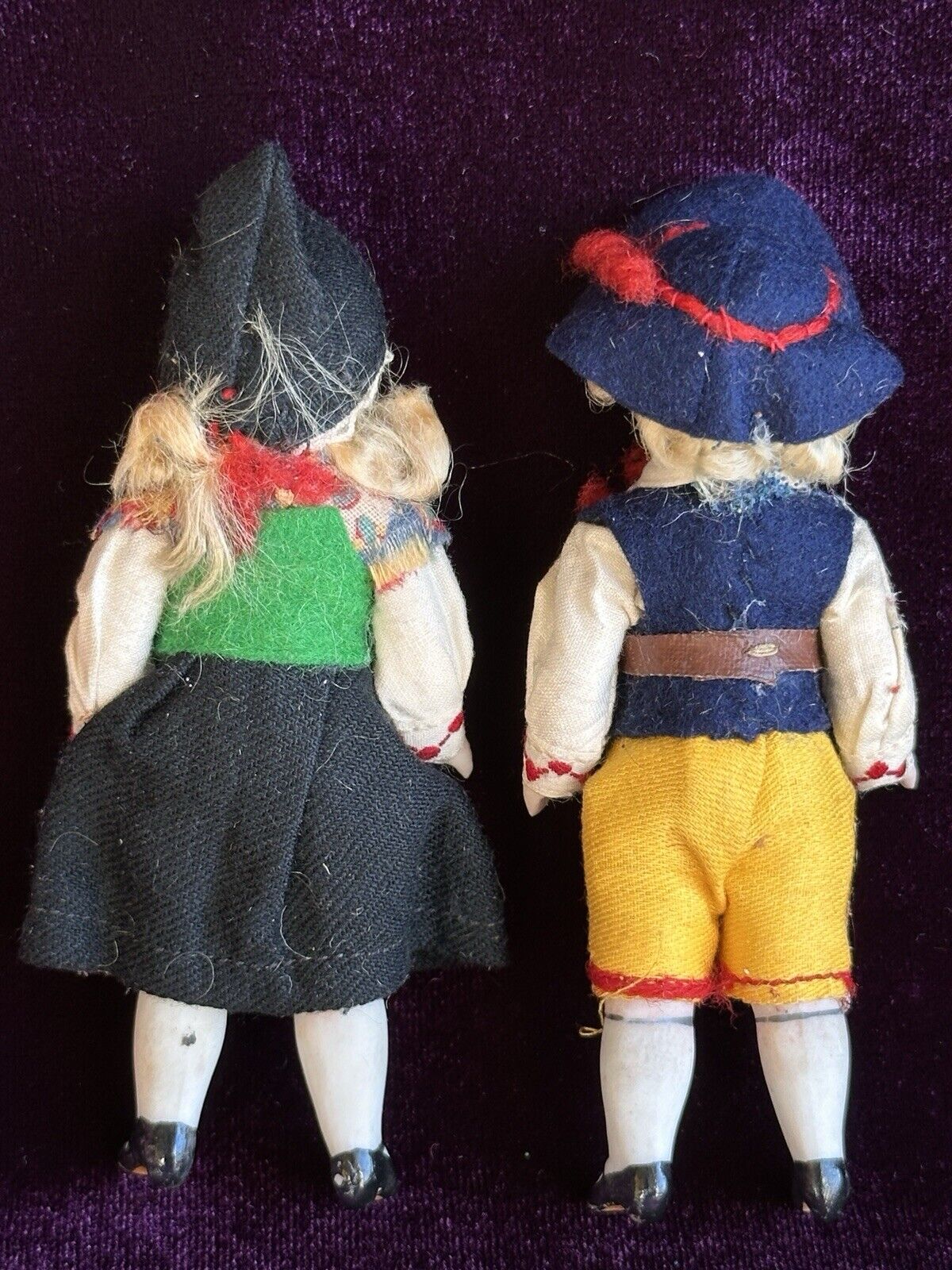 Pair of Antique German All Bisque Kuhnlenz (?) Miniature 3.5” Mignonette Dolls