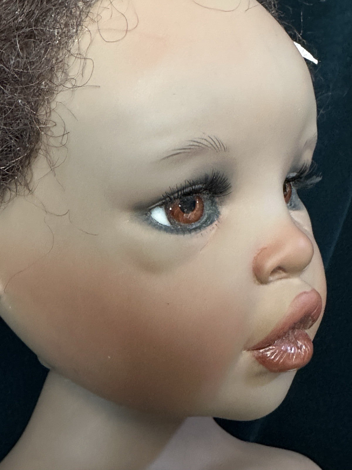 Collectible Porcelain Artist Dark Complexion 21” Baby Doll With Teddy Bear