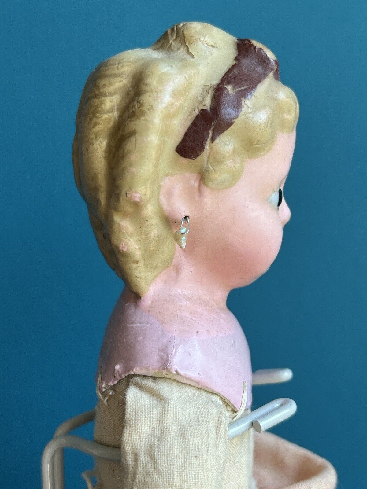 Antique German 13.5” Wax Over Papier Mache Pumpkin Head Pierced Ears Doll