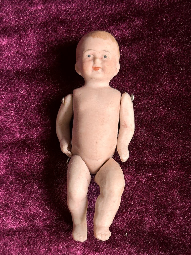 Antique German Miniature All Bisque Limbach Baby Doll in Victorian Pram/Carriage