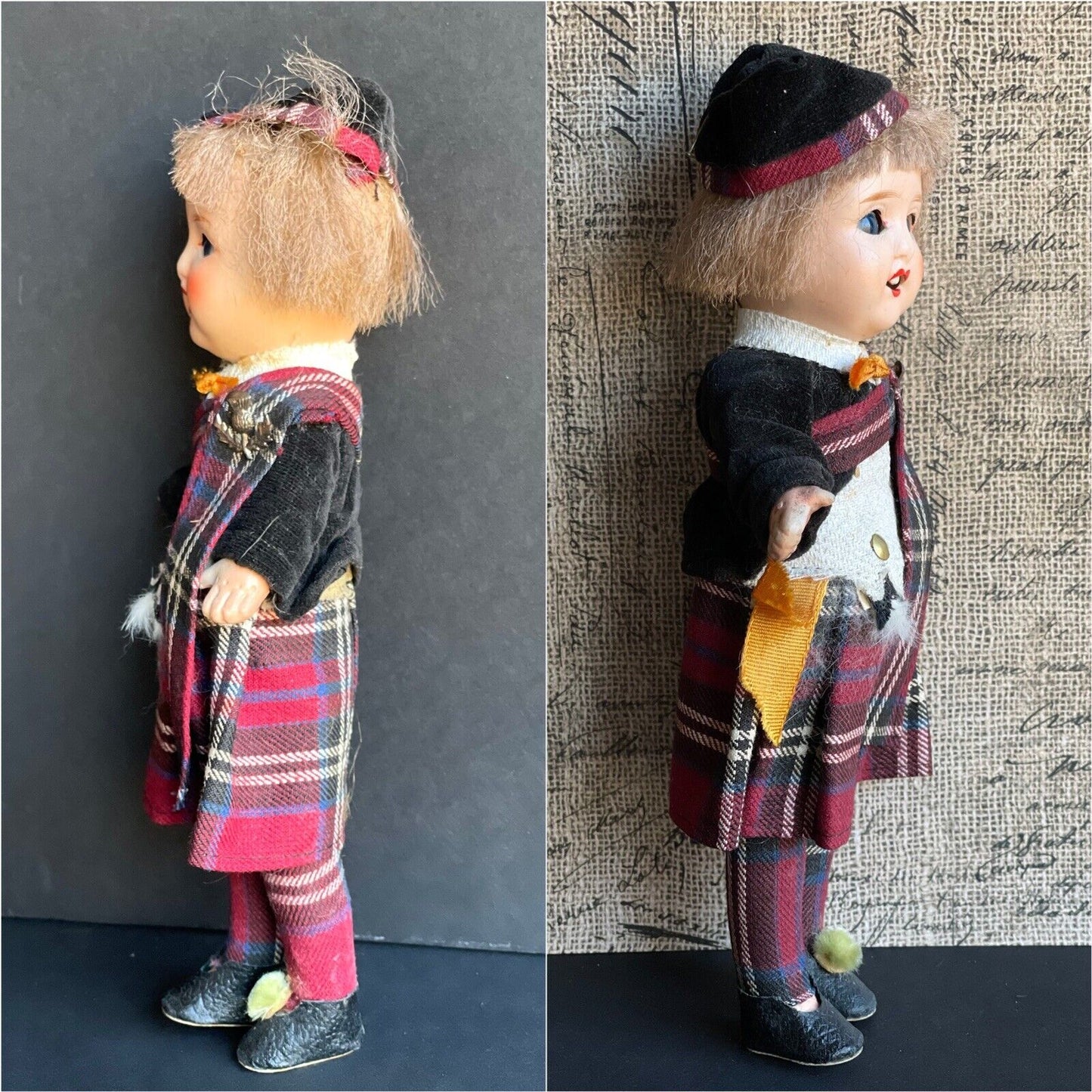 Antique German (?) 8” All Bisque Scottish Boy Doll in Original Box