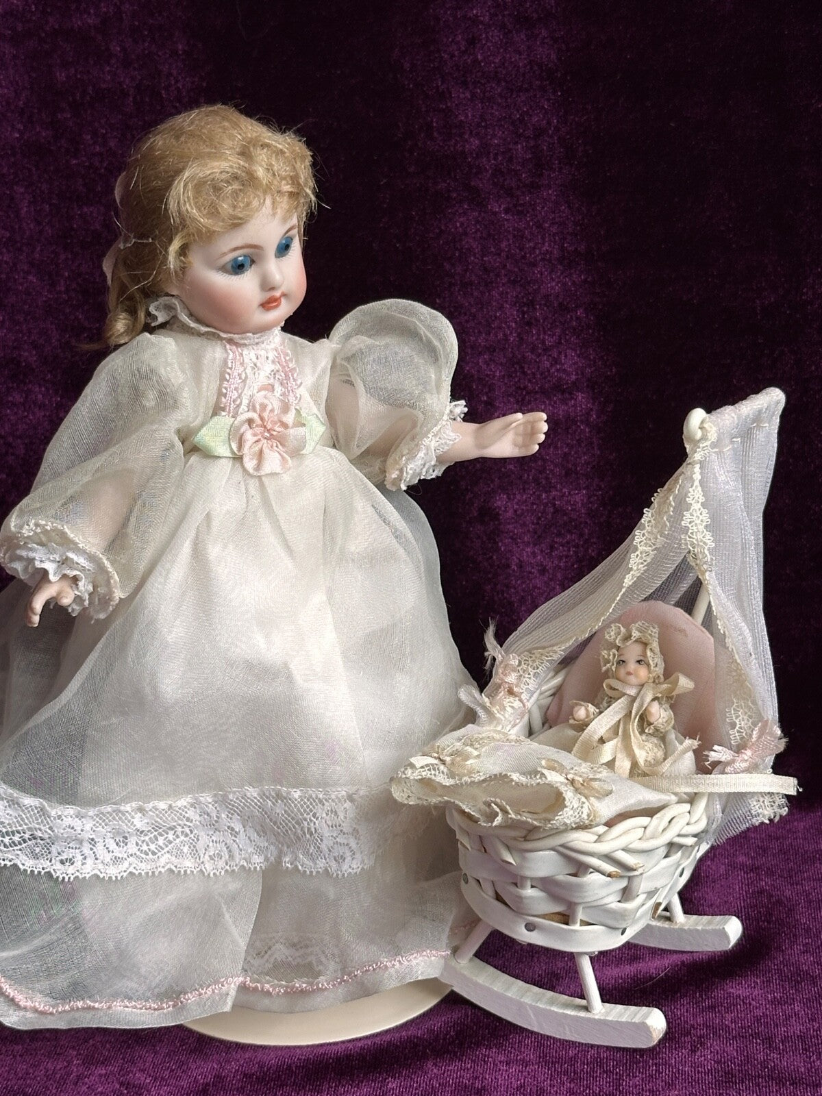 Porcelain 7” Reproduction of Antique Simon Halbig Mignonette Doll with Baby